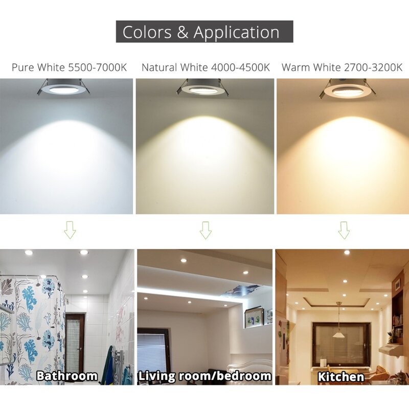 Luz descendente LED de 9W, 12W, 15W, blanco cálido, blanco natural, LED para empotrar blanco puro, AC85-265V