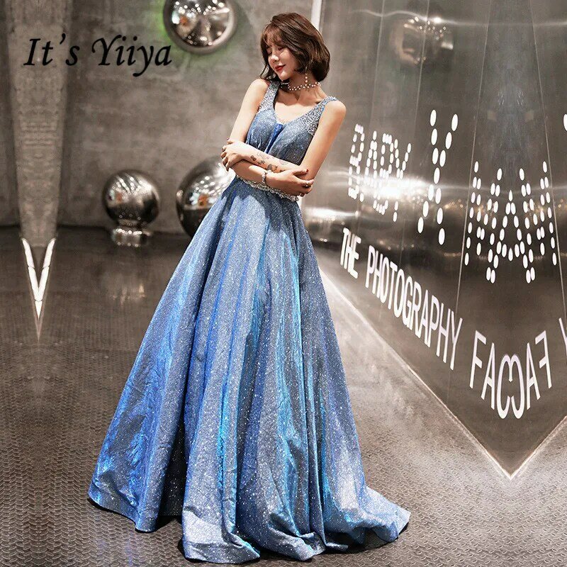 Vestido azul céu brilhante da moda yiiya, vestido de festa com decote em v, sem mangas, elegante, formal e072