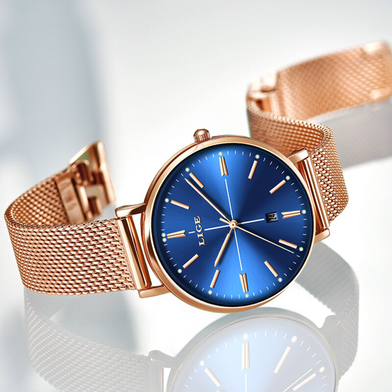 2019 LIGE nowe różane złoto niebieski stół kobiet biznes kwarcowy zegarek panie top markowy luksusowe panie zegarek dziewczyna zegar Relogio Feminino