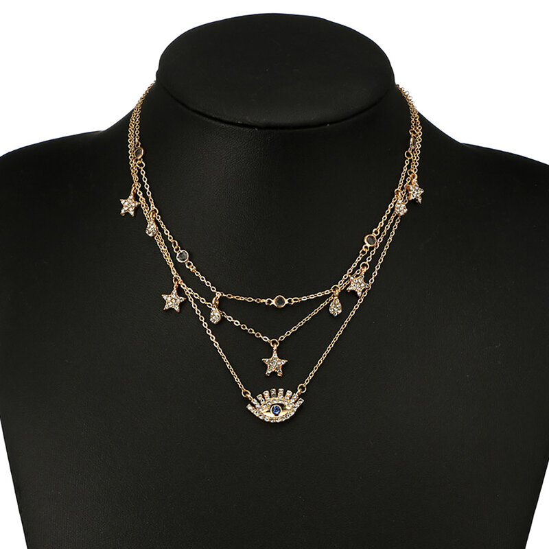 Bls-wunder Multilayer Halskette für Frauen Lange Kette Türkischen Auge Anhänger Halsketten Trendy Kristall Stern Wasser tröpfchen Halsketten
