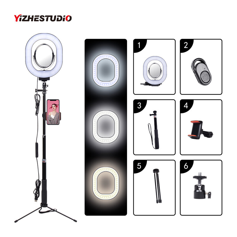 Yizhestudio 3500-5500k Photography Dimmable LED Selfie Ring Light With Phone Holder USB Plug Tripod  Stepless Selfie light