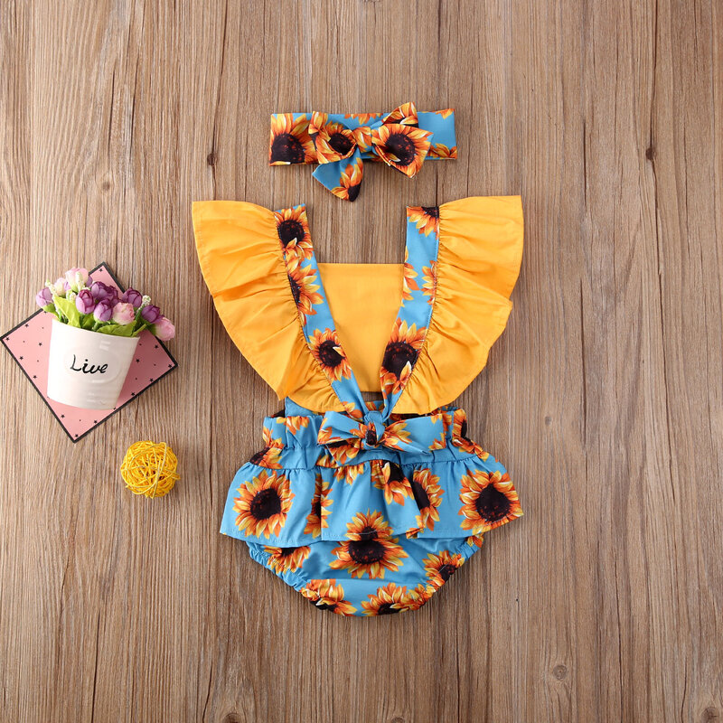 AA 2020 Baby Mädchen Bodys Sunflower Rüschen Body Overall 2PCS Outfits Neugeborene Kleidung Sommer Infant Sunsuit