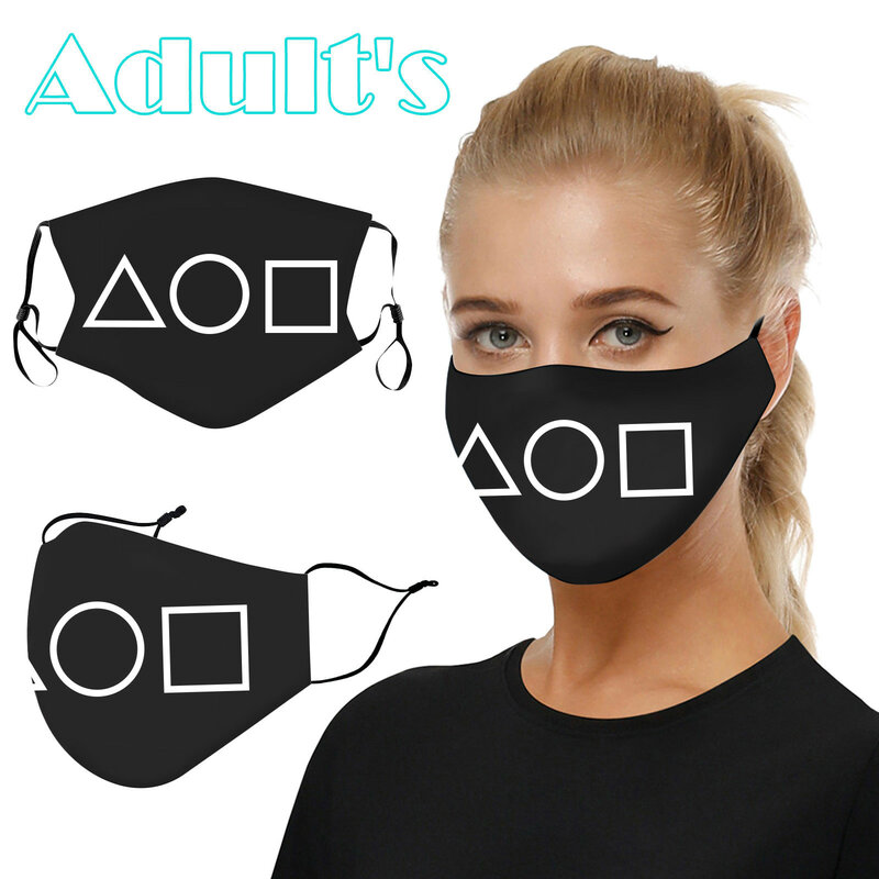 Squidgame maska dla dorosłych kalmary gra drukuj wielokrotnego użytku zmywalna ochrona Pm2.5 Unisex czarne maski regulowany bandaż na uszy