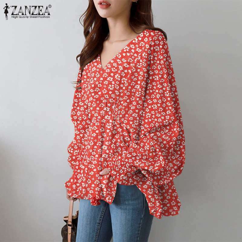 ZANZEA-Blusa de manga abombada con estampado Floral para mujer, camisa informal de gran tamaño con cuello en V, 2021