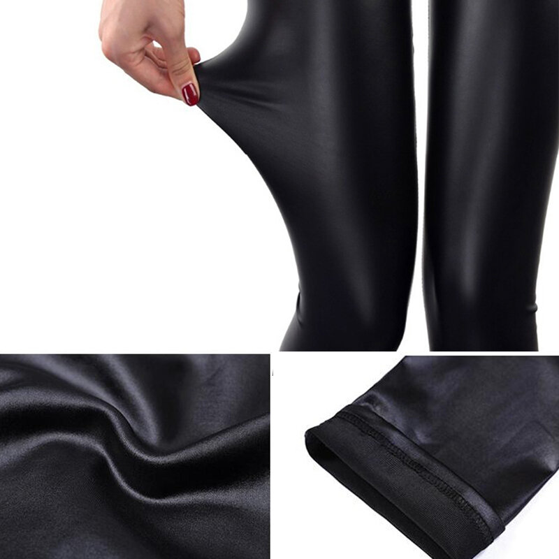 Leggings de cintura alta para mujeres, medias de talla grande, sexy, cuero de imitación, delgado, de moda, negro, elásticos, de realce, S-5XL, 2020