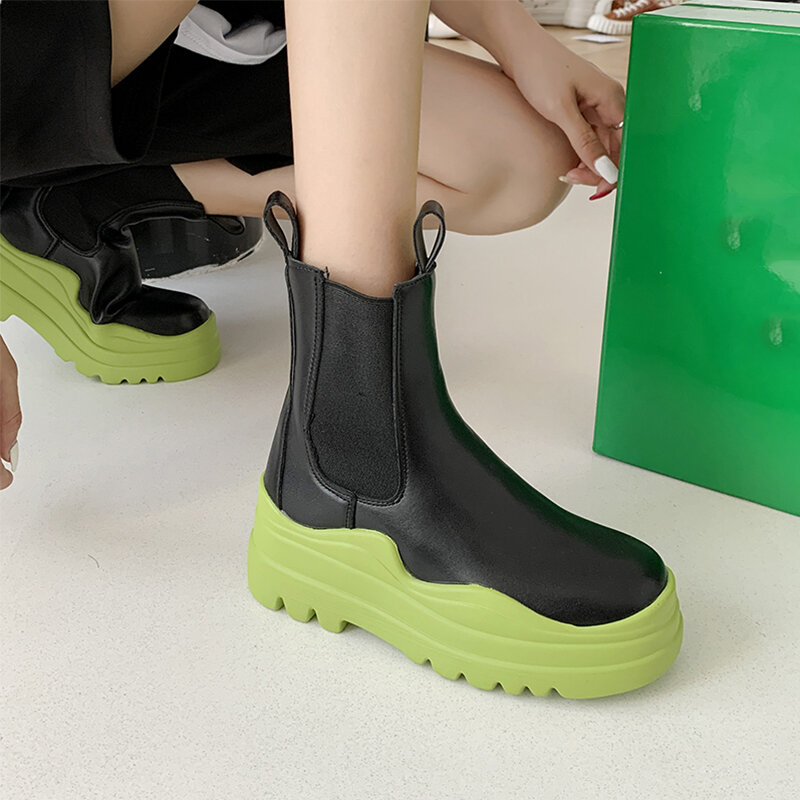 패션 여성 블랙 화이트 첼시 부츠, 펑크 고딕 신발, 발목 양말 부츠, 하이 플랫폼 패션 짧은 부츠, 녹색, 2021 가을