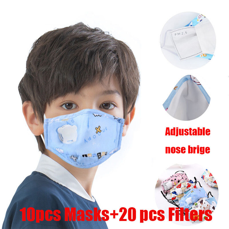 Máscara facial infantil com válvula de filtro, respirador, antipoeira e poluição, para crianças, meninos e meninas, com 10 peças