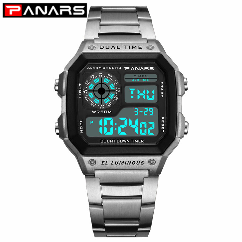 PANARS-reloj Digital de negocios para hombre, cronógrafo de pulsera con correa de acero inoxidable, resistente al agua, 5BAR, regalos, nuevo