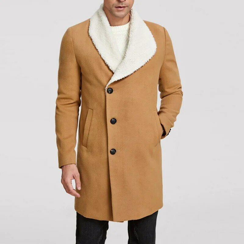 Gabardina entallada de longitud media para hombre, forro Polar, Color sólido, abrigo cortavientos de manga larga, chaqueta para hombre 2020