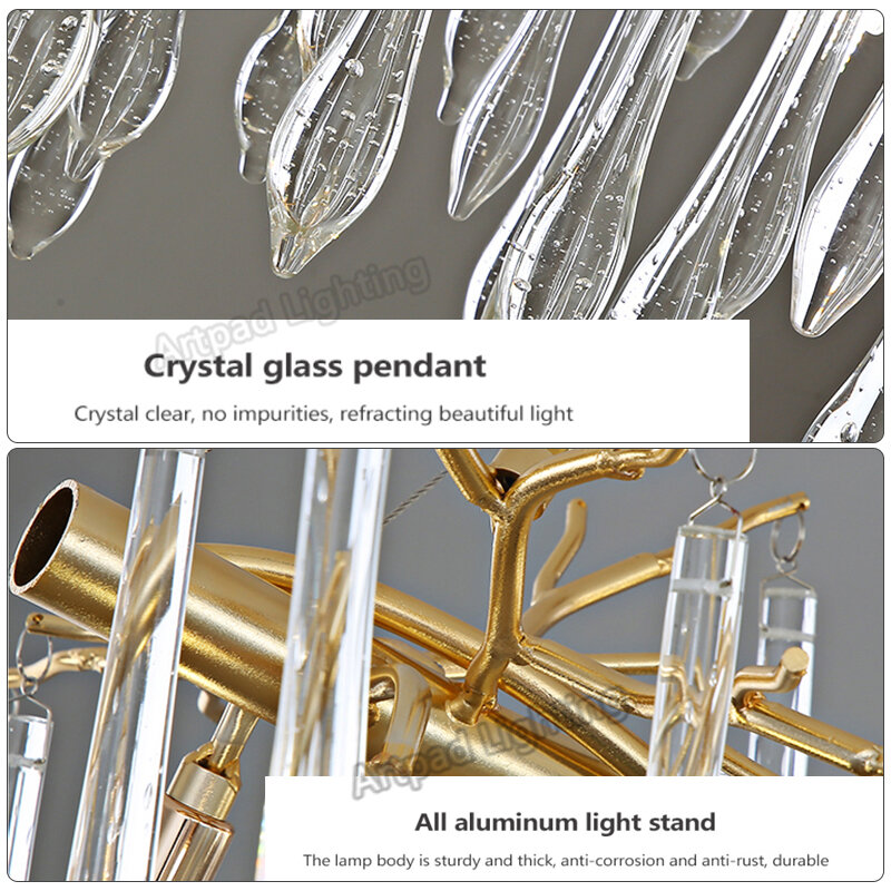 Candelabros de cristal de lujo modernos para comedor, lámpara colgante de cristal para decoración de sala de estar, accesorio de lámpara dorado/gris