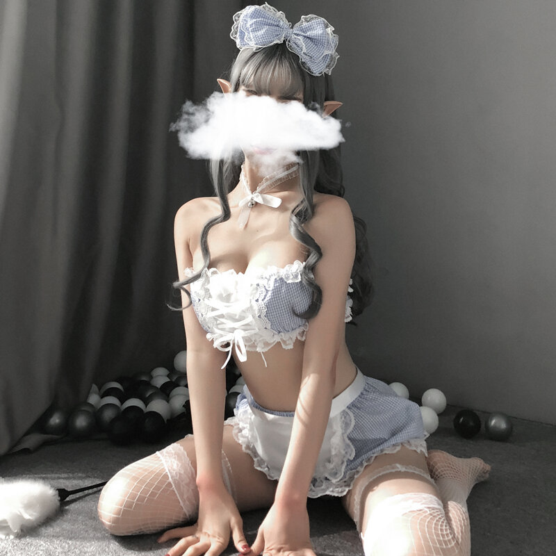 Sexy Dessous Exotische Französisch Schürze Maid Kleid Schöne Diener Cosplay Kostüm Lolita Roleplay Kawaii Nachthemd Blau Plaid Uniform