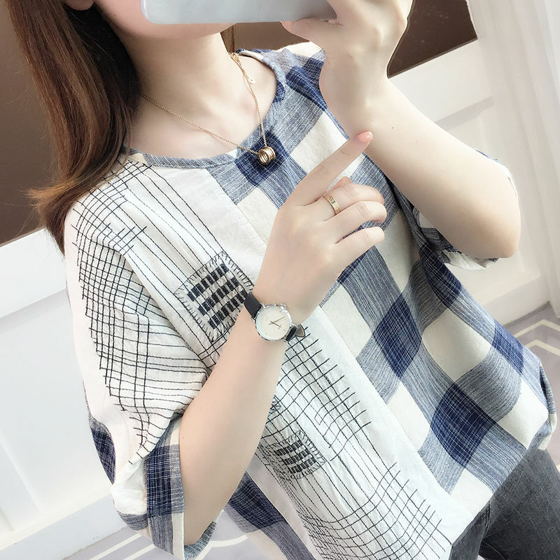 Camisa xadrez de algodão feminina, camiseta casual folgada, plus size, manga curta, verão 2021