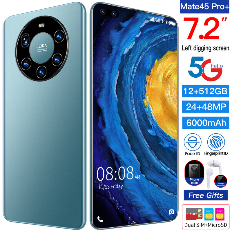 Mate45 – Smartphone Pro + 5G Version globale, téléphone portable, écran HD de 7.2 pouces, batterie de 6000mAh, mémoire de 12 go et 512 go, caméra de 48mp, processeur MTK6889 octa-core