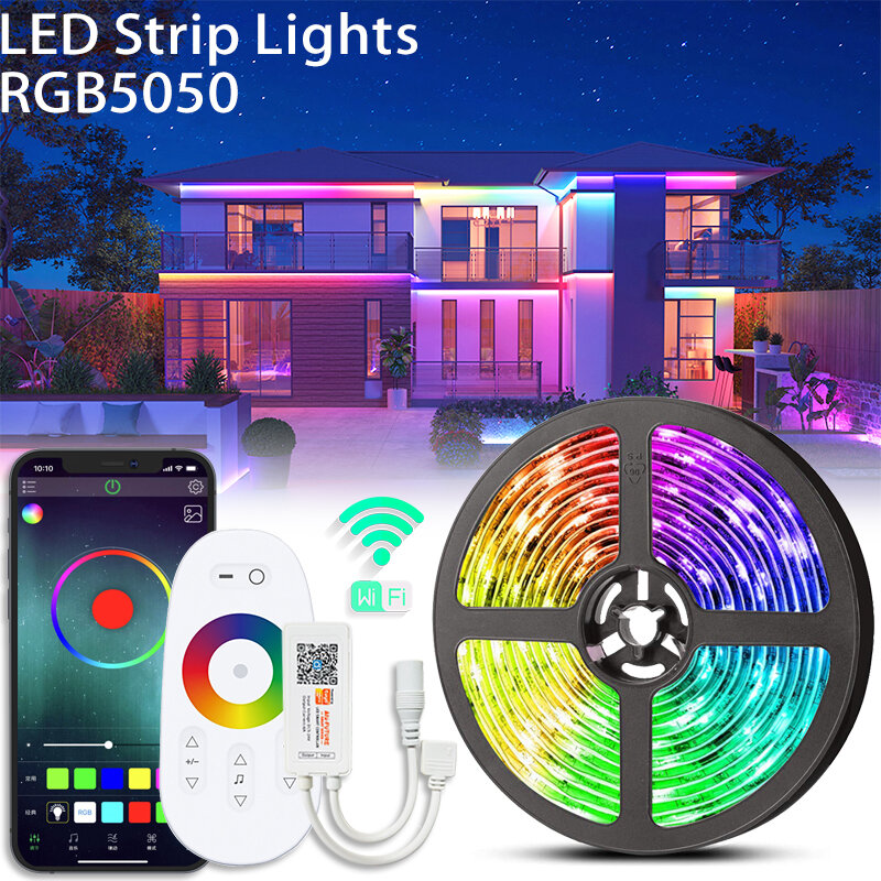Strip LED Kompatibel dengan WiFi Sentuh Program Rumah Pintar RGB 5050 Kontrol Aplikasi Bluetooth Cocok untuk Lampu Dekorasi Pesta Natal