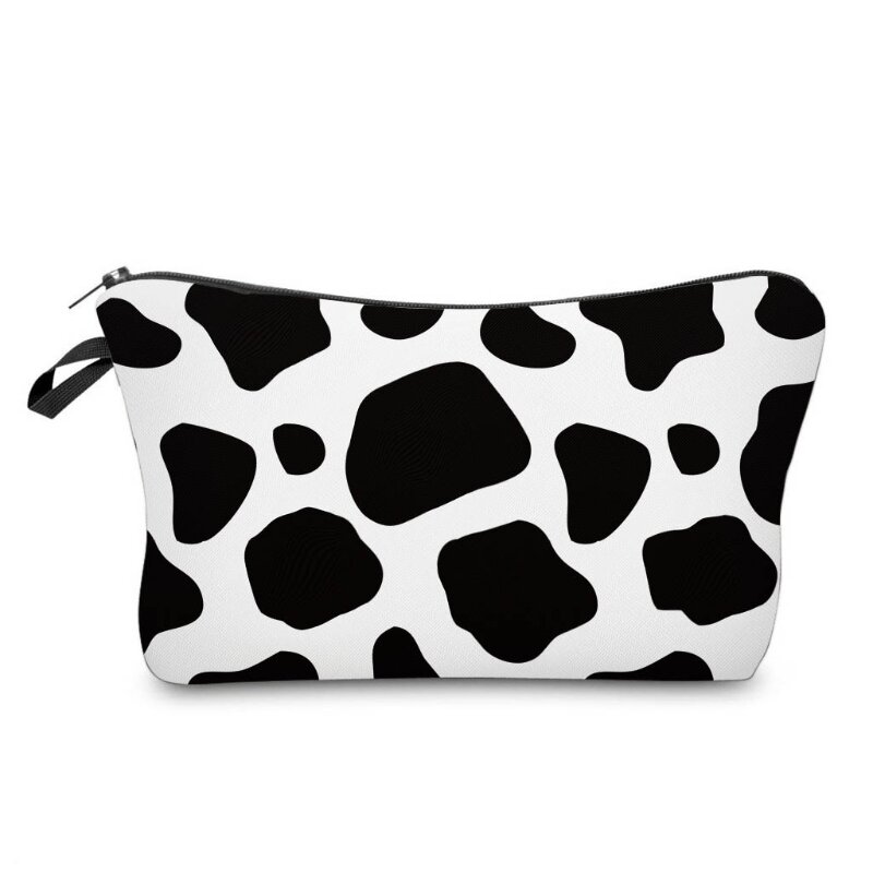 Bolsa de cosméticos de viagem impermeável, pequena bolsa organizadora de cosméticos com zíper e estampa de vaca