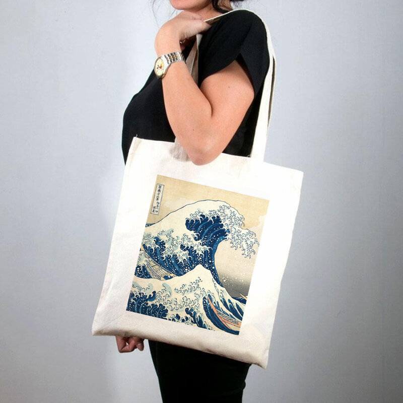 2021 сумка-шоппер большой канагава Чай печать сумка-тоут для женщин Harajuku сумка для покупок через плечо; Сумка-шоппер леди Сумки-холсты
