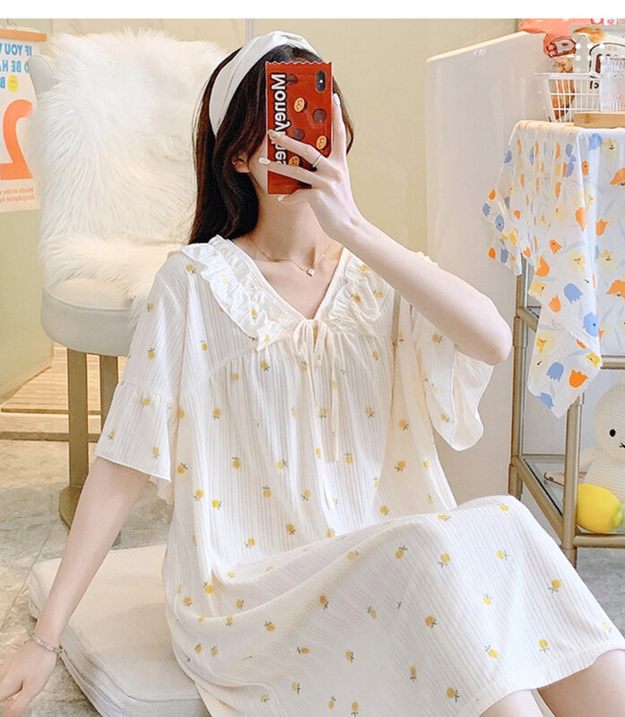 2021 New Style Pajamas Women's Summer Thin Pure Cotton Lovely Princess Style Sweet Student Nightdress Korean Summer Trend