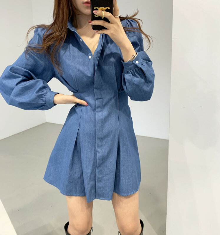 Korean Chic Spring Slim-Fit Single-Breasted Elastic and Waisted Puff Sleeve Western Style Youthful-Looking Long Sleeve Denim