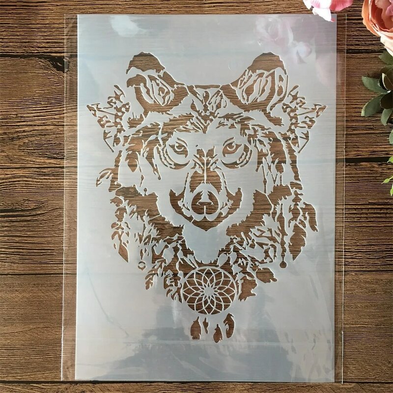 A4 29cm Mandala de la cabeza de lobo de capas plantilla para pintura libro de recortes colorear relieve álbum de plantilla