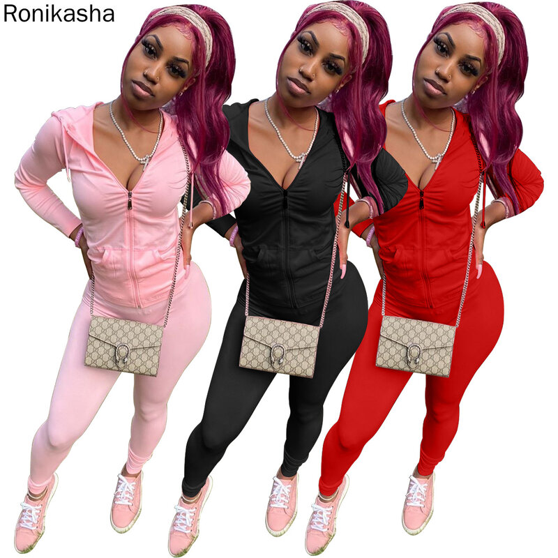 Ronikasha 2 Piece Hoodie Set Women Solid Hooded Collar Kangaroo Pocket Pencil Pants Joggers Tracksuit Outfits