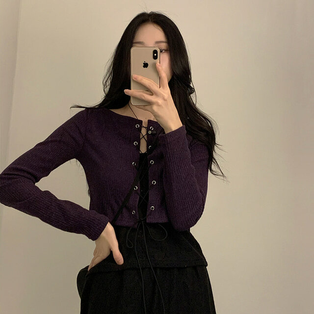 Korean Ins Early Spring Retro Grape Purple Drawstring Lace Design Hollow Knitted Cardigan Women's Short Top