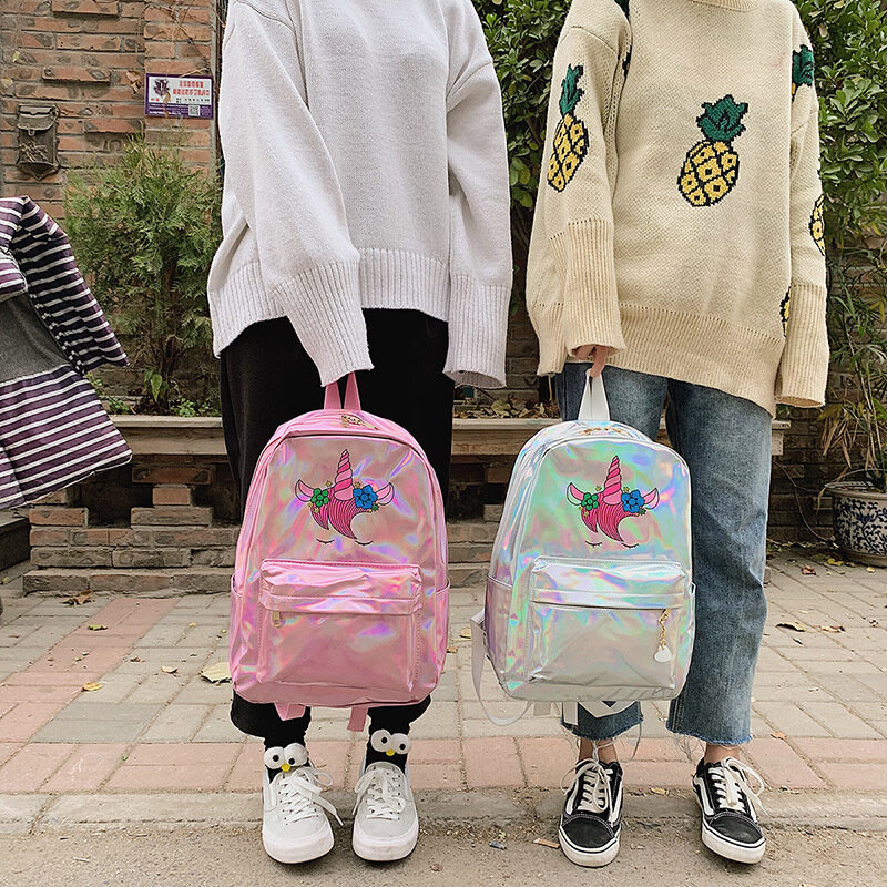 Рюкзак для девочек с лазерным рисунком единорога, для детей, для девочек, прозрачный дорожный ранец с блестками, вместительная школьная сум...