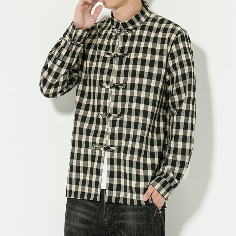 Botão chinês camisa xadrez outono manga longa gola algodão linho vestido camisa masculina estilo chinês