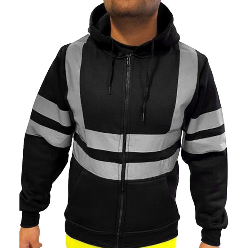 Men Stripe Patchwork Hooded Jacket Ski Hoodies Reflective Visibility Workwear Coat Color Block