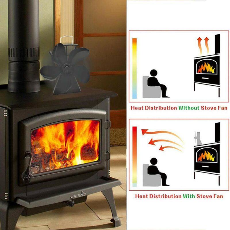 Ventilador de chimenea negra de 6 aspas para el hogar, estufa alimentada por calor, quemador de leña, respetuoso con el medio ambiente, silencioso, distribución eficiente del calor en invierno