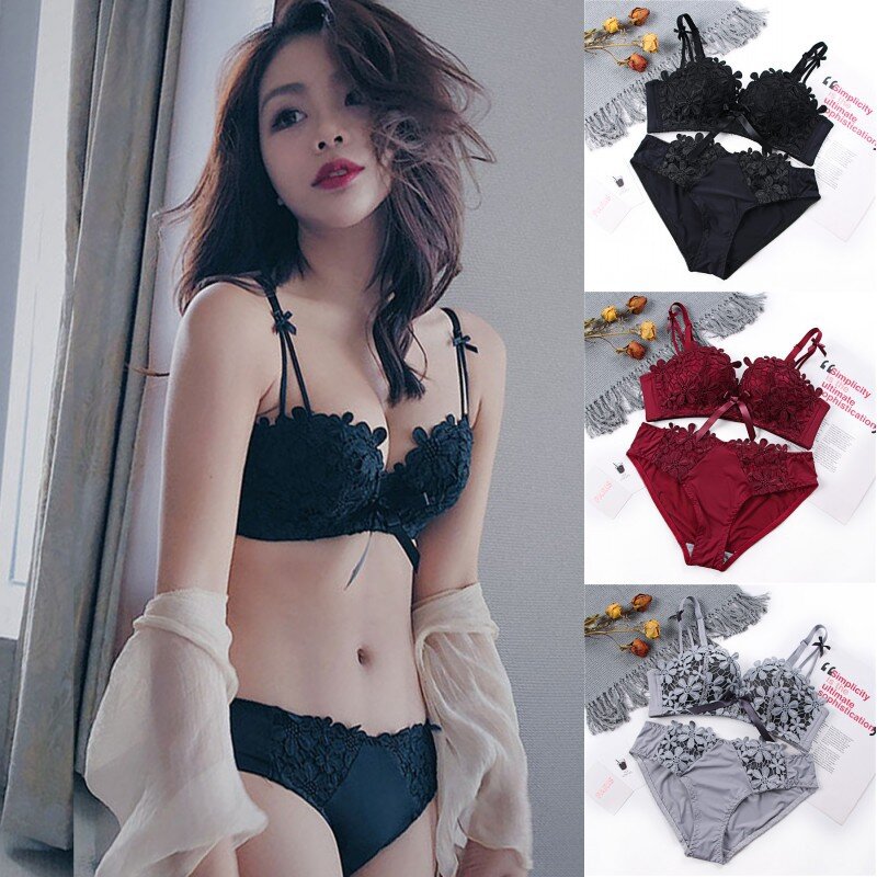 Fashion Sexy Ladies Lace Floral Bow Back Closure 3/4 Cup No Trace No Steel Ring Gathered Adjusted Straps Bra Underwear Set!