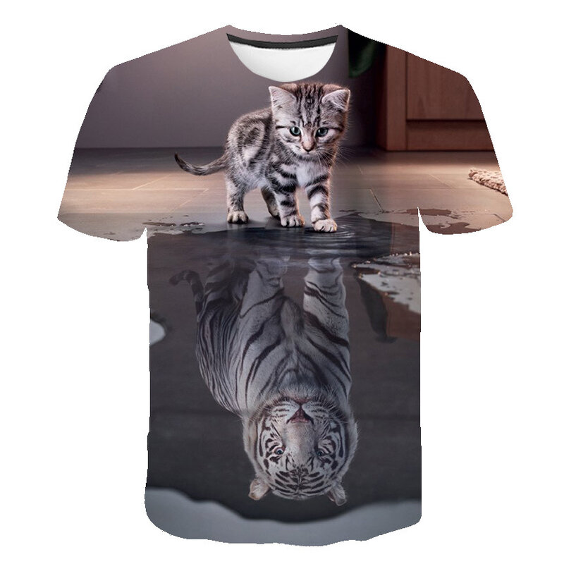 Camiseta masculina verão 2021 nova 3d animal gato/tigre legal engraçado topo camiseta masculina o-pescoço manga curta moda masculina