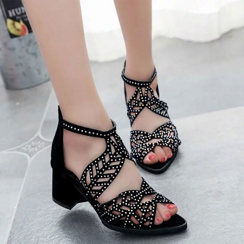 2020 New style Women Summer Hollow Out Faux Leather Rhinestones Thick Heel Zipper Sandals Shoes Eur 35-40