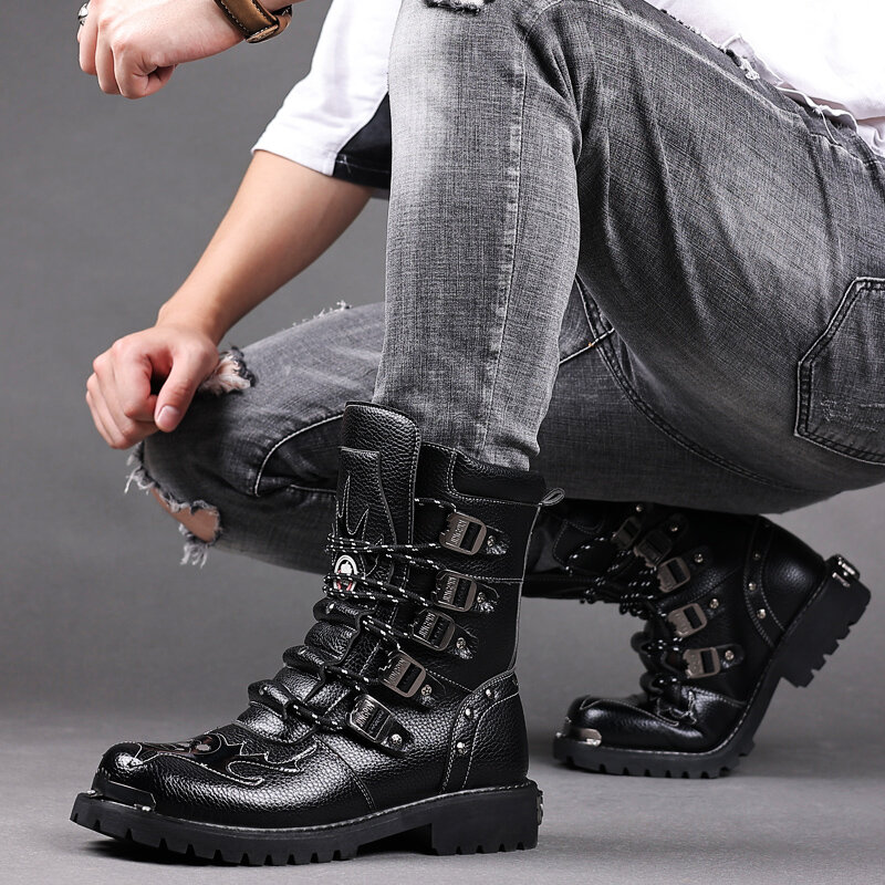 Botas de moto de cuero para hombre, botines militares de combate de media  pantorrilla, botas Punk con cinturón gótico, zapatos tácticos del ejército,  talla 37-46 / Calzado para hombre