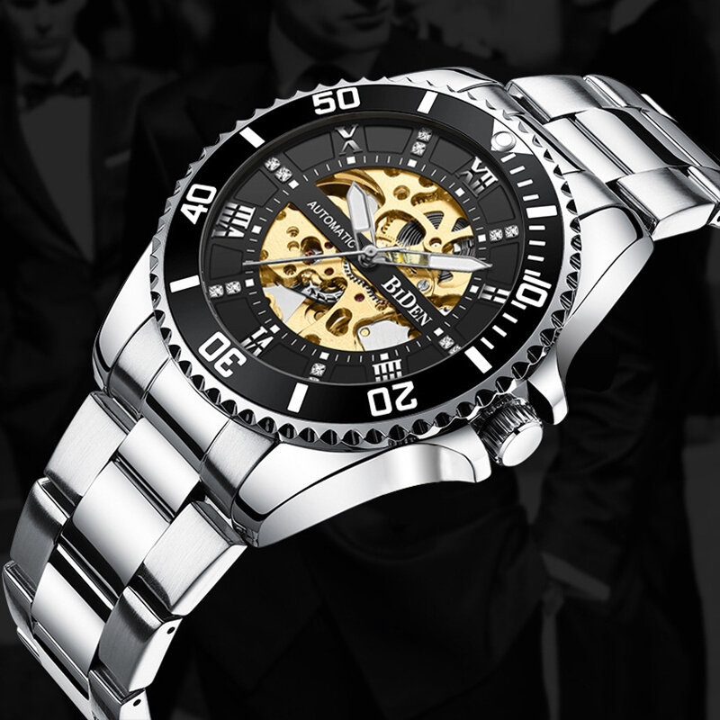 BIDEN กลวงออกแบบนาฬิกากันน้ำผู้ชาย Hardlex กระจกอัตโนมัติแฟชั่นผู้ชายนาฬิกาข้อมือ