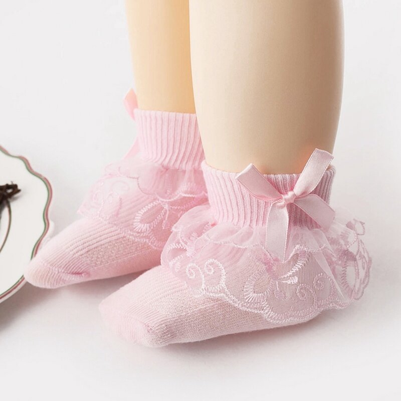 0-1T Baby Girl calzini carini pizzo di cotone increspato fiocco Princess Party Toddler calzini per bambini accessori per bambini