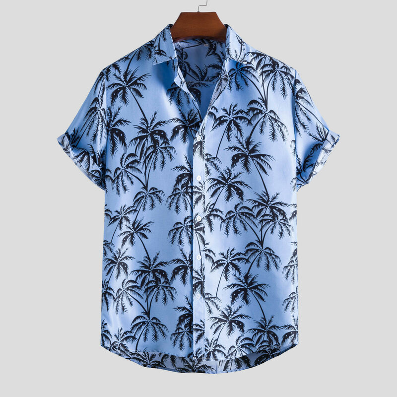 Mens Hawaiian Shirt Spring Summer Casual Shitrs Palm Leaf Printed Tropical Short Sleeve Beach Shirts Top Blouse