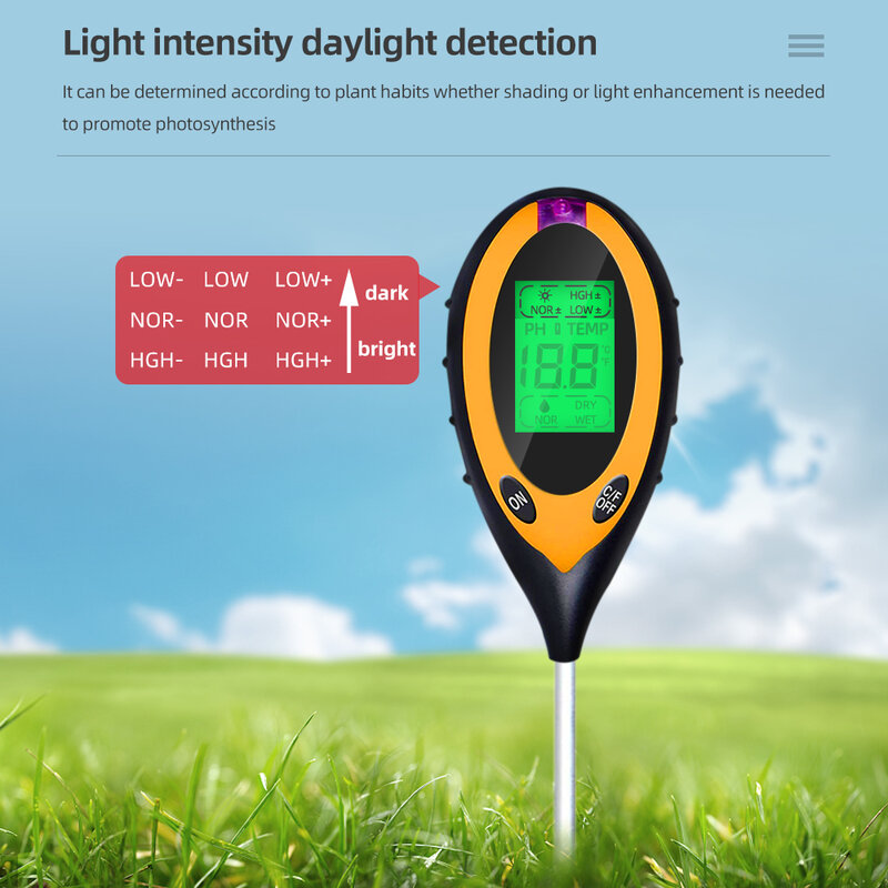 4 In 1 Soil PH Meter อุณหภูมิพลังงานแสงอาทิตย์ Moisture PH ความเป็นกรด Garden Soil Tester Professional จอแสดงผล LCD 40% Off