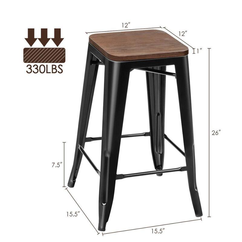 Conjunto de 4 altura contrária backless barstool 26 metal stool metal empilhável fezes com assento de madeira HW66692BK-4