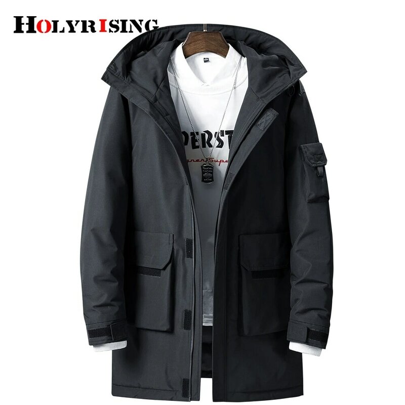 Holyrising-chaqueta larga de plumón de pato para hombre, chaqueta cálida holgada con bolsillos, con capucha, 19341