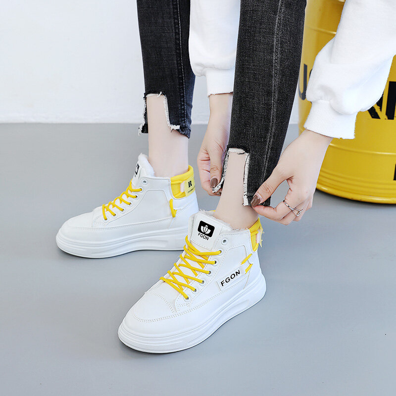 New winter female student high-top shoes fashion thick-soled mid-heel lace-up casual sports shoes women's vulcanized shoes