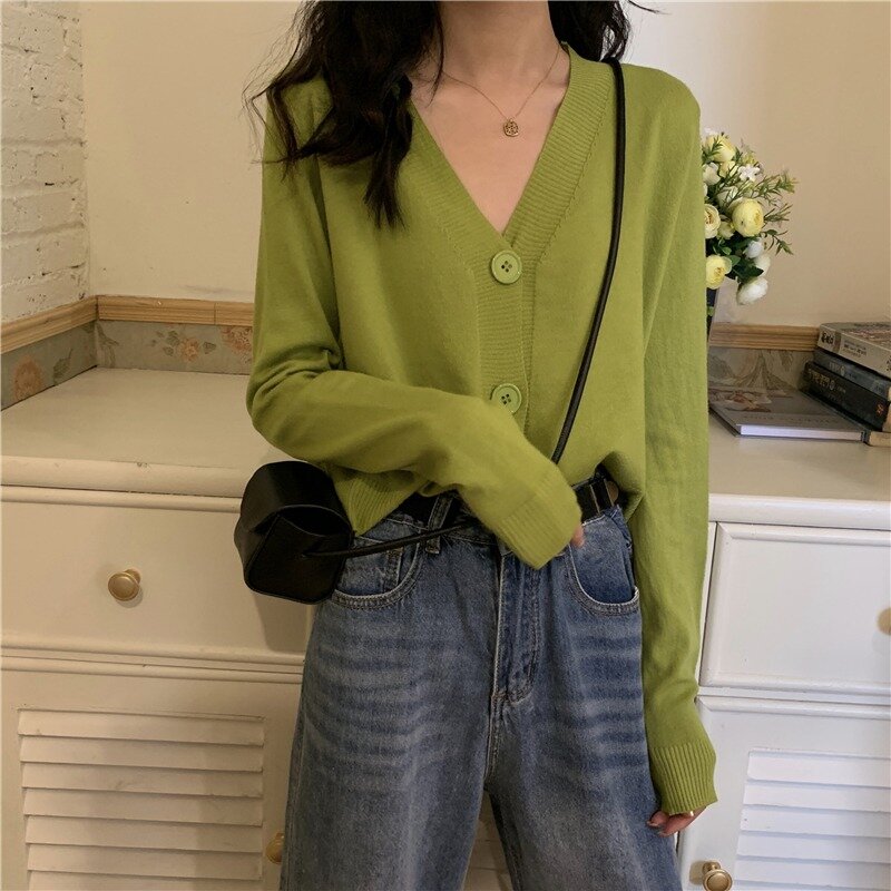 Suéter de punto pequeño para mujer, chaqueta cárdigan de manga larga corta Ins de estilo coreano para primavera fina