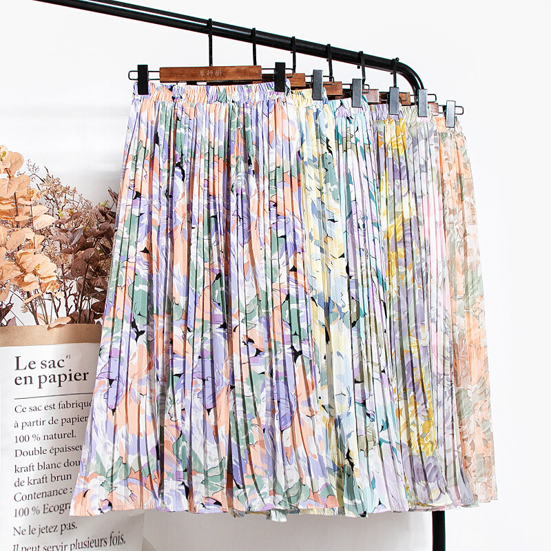 Croysier Women Chiffon Pleated Skirt Elastic High Waist Summer Skirts Womens 2021 Print Casual Midi Long Skirt Mid Calf Length