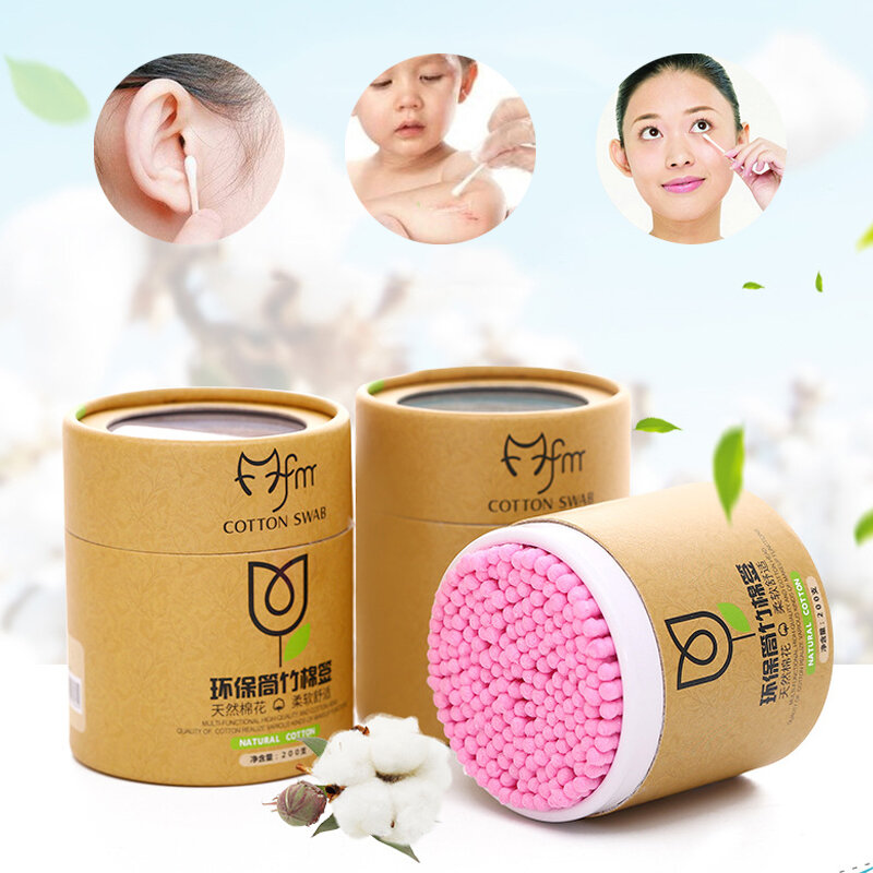 Cotonete de algodão para bebê, cotonete de bambu para limpeza de orelhas, varas de madeira, absorventes, beleza saudável, 100/200 unidades