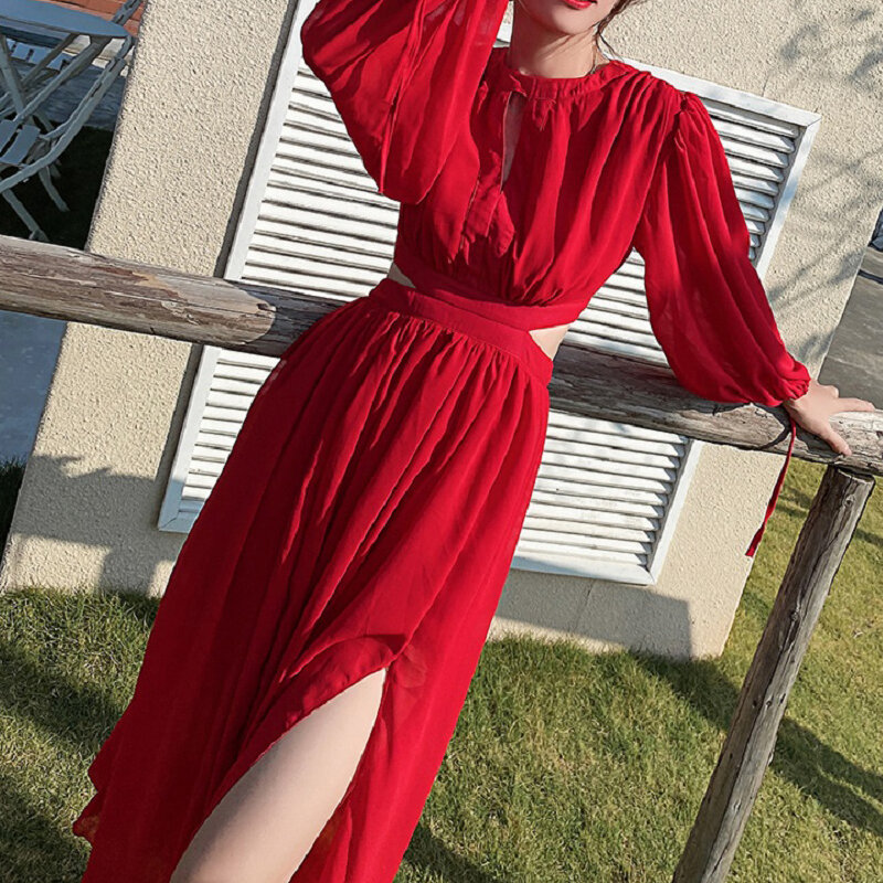 Hebe & eos outono praia chiffon vestido longo para mulher 2021 o-pescoço manga comprida oco para fora maxi vestidos senhoras vestido vermelho beachwear