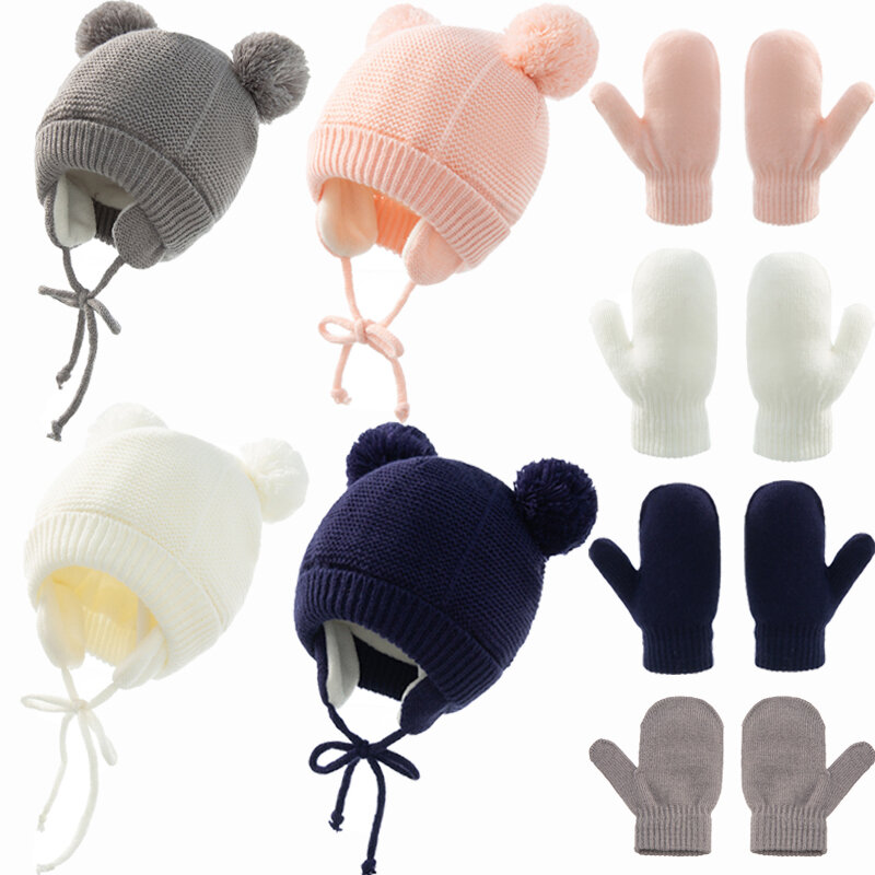Ensemble de gants de chapeau pour enfants, Double boule, tricot chaud d'hiver, solide et mignon, 2 pièces, nouvelle collection 2021