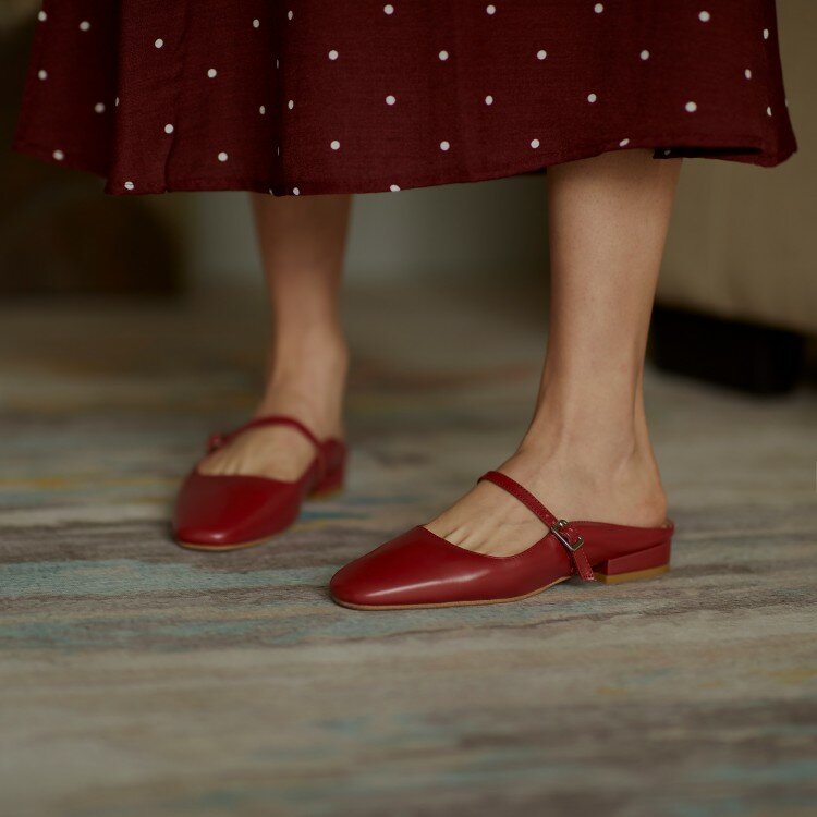 Kmeioo 2020 Retroหนังแบนรองเท้าผู้หญิงสแควร์Toe Muleรองเท้าแตะฤดูร้อนพื้นฐานล่อSlip-On Cowskin Muleสไลด์