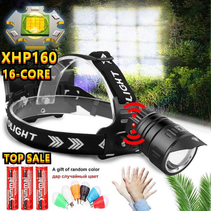 2021 prawdziwe XHP160-16Core potężny reflektor LED z czujnik podczerwieni USB akumulator polowanie lampa czołowa latarka kempingowa Head Light