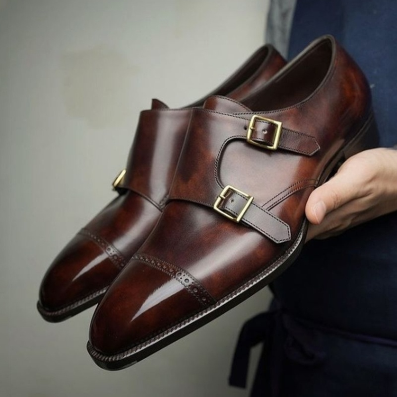 Sepatu Monk Kulit PU Gesper Ganda Klasik Nyaman Sepatu Pria Gaun Sapatos Para Hombre Chaussures Tuang Hommes Kantor KZ338