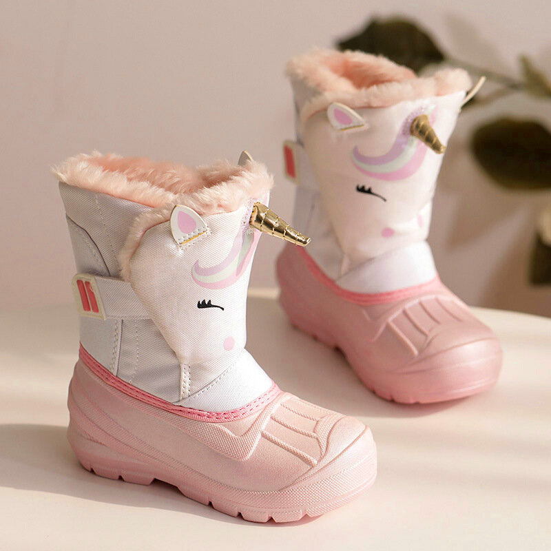 Crianças botas de neve bonito dos desenhos animados unicórnio padrão impermeável crianças sapatos para meninos inverno de pelúcia quente infantil botas de bebê sapatos de princesa