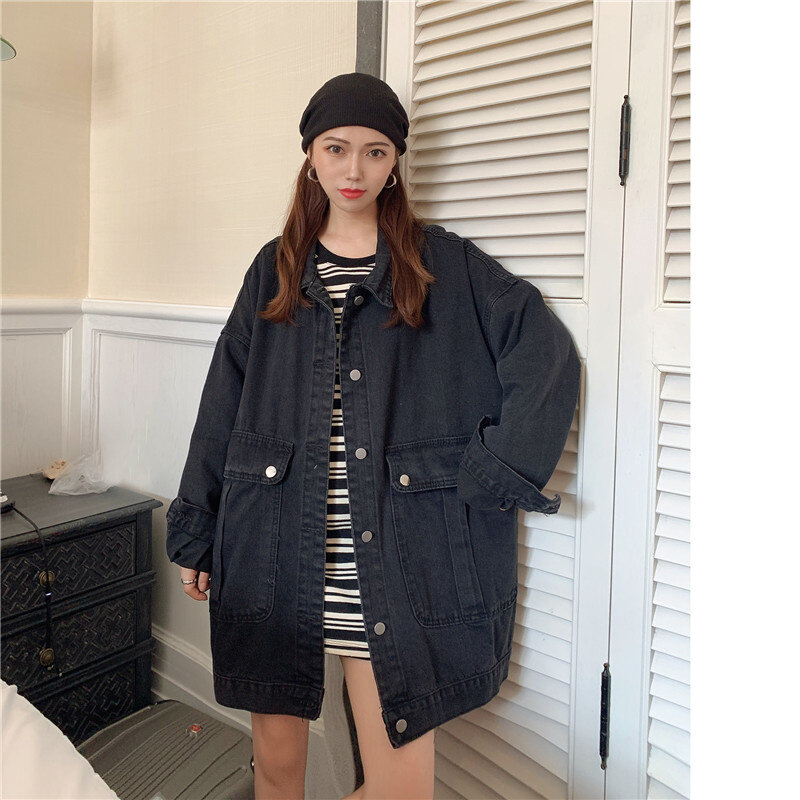 Grande jaqueta jeans feminina primavera e outono moda 2021 novo topo médio longo coreano solto jaqueta